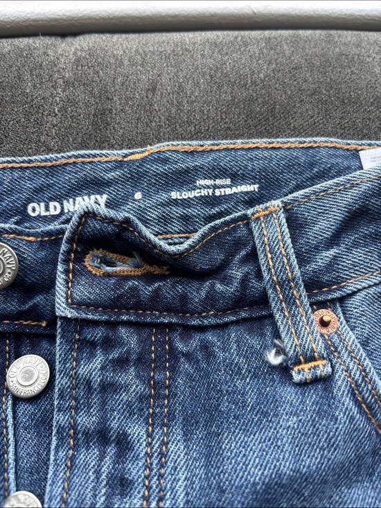 Old Navy Denim - Old Navy Women's High-Rise Slouchy Straight Jeans - Dark Blue with Tan Stitching